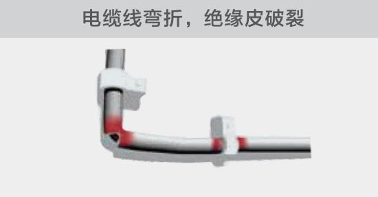 在安裝過程中，由於電線的彎曲半徑過小，或是線夾過緊，導緻線纜絕緣皮破裂，産生電弧隐患
